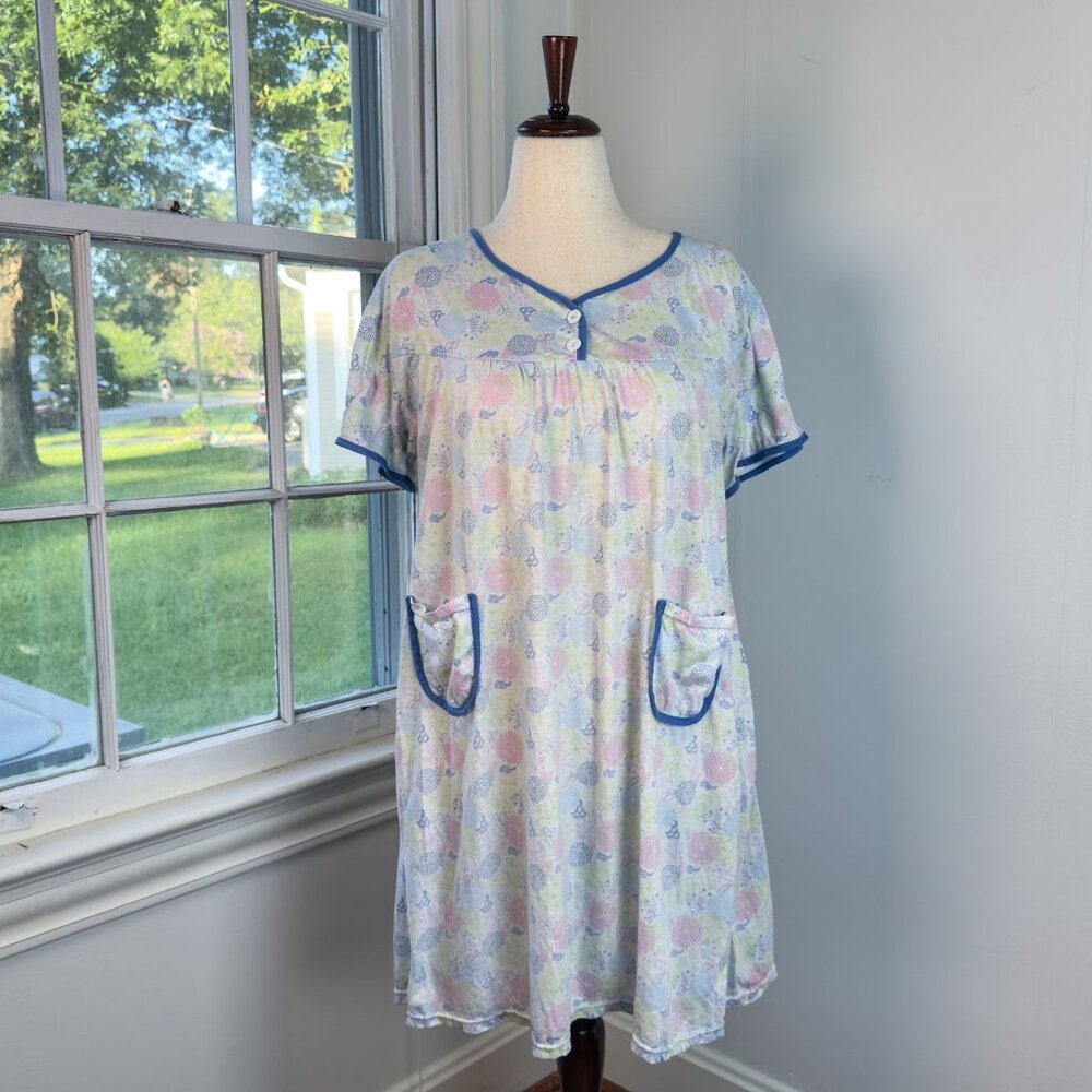 Lati Fashion Blue Pink Floral White Babydoll Nightgown XXL Plus Size House Dress